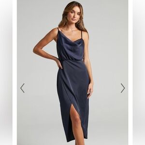 Asymmetrical Navy Satin Dress